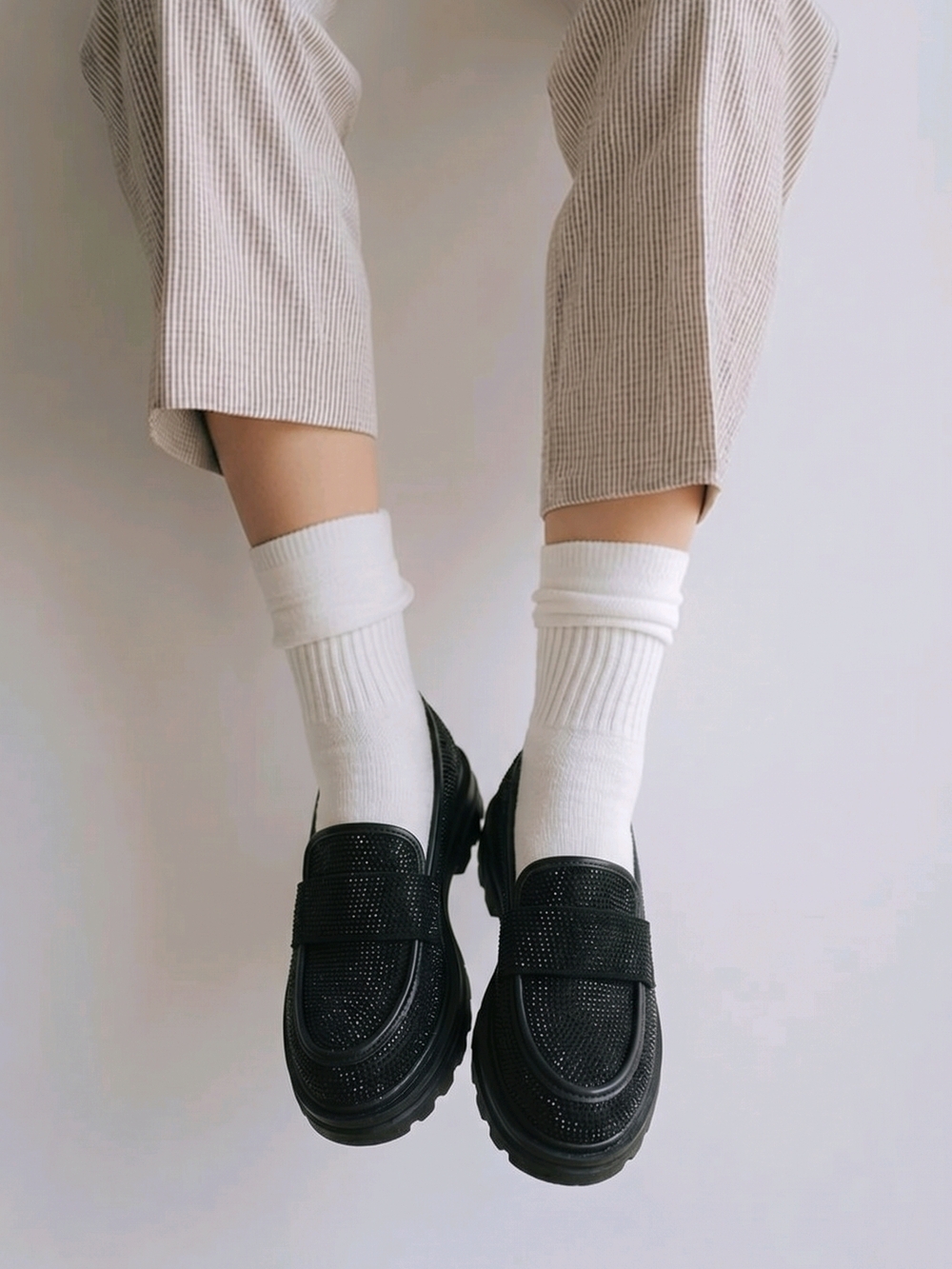 Black Embellished Chunky Loafers for Women